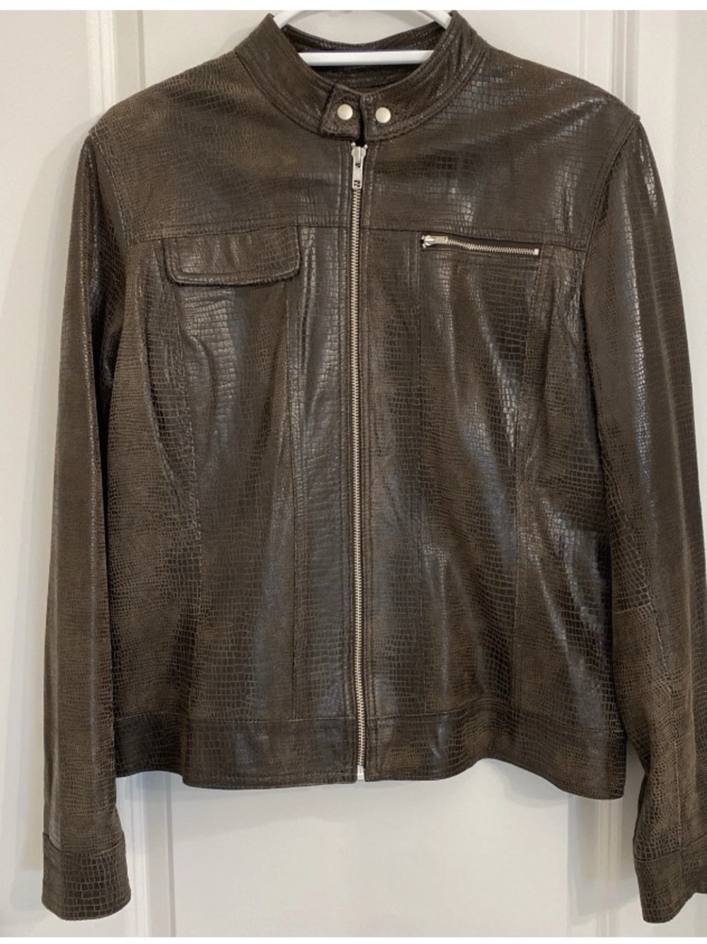 Brown Croc-Embossed Zip-Front Bomber Jacket
